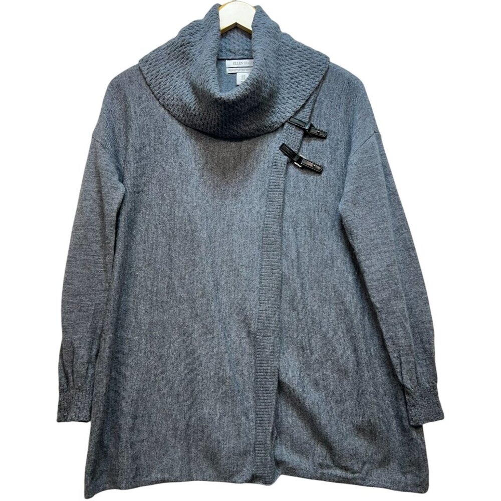 Ellen Tracy Women's Cowl Neck Merino Wool CardiganNeck Buckle Accent Size M Gray